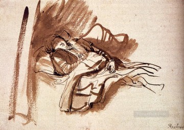 レンブラント・ファン・レイン Painting - ベッドで眠るサキア レンブラント